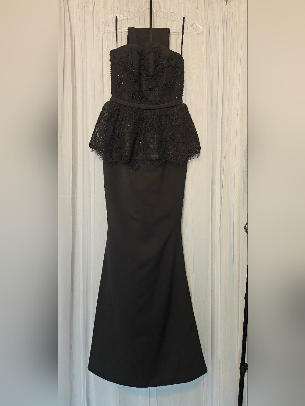 Sherri Hill Black Strapless Lace Peplum Maxi Dress